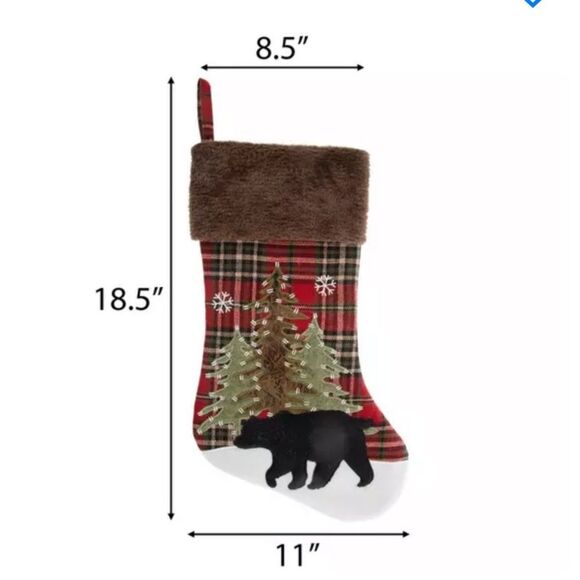 Set of Two Plaid Christmas Stocking with Bear and Tree Design - Picture 2 of 3